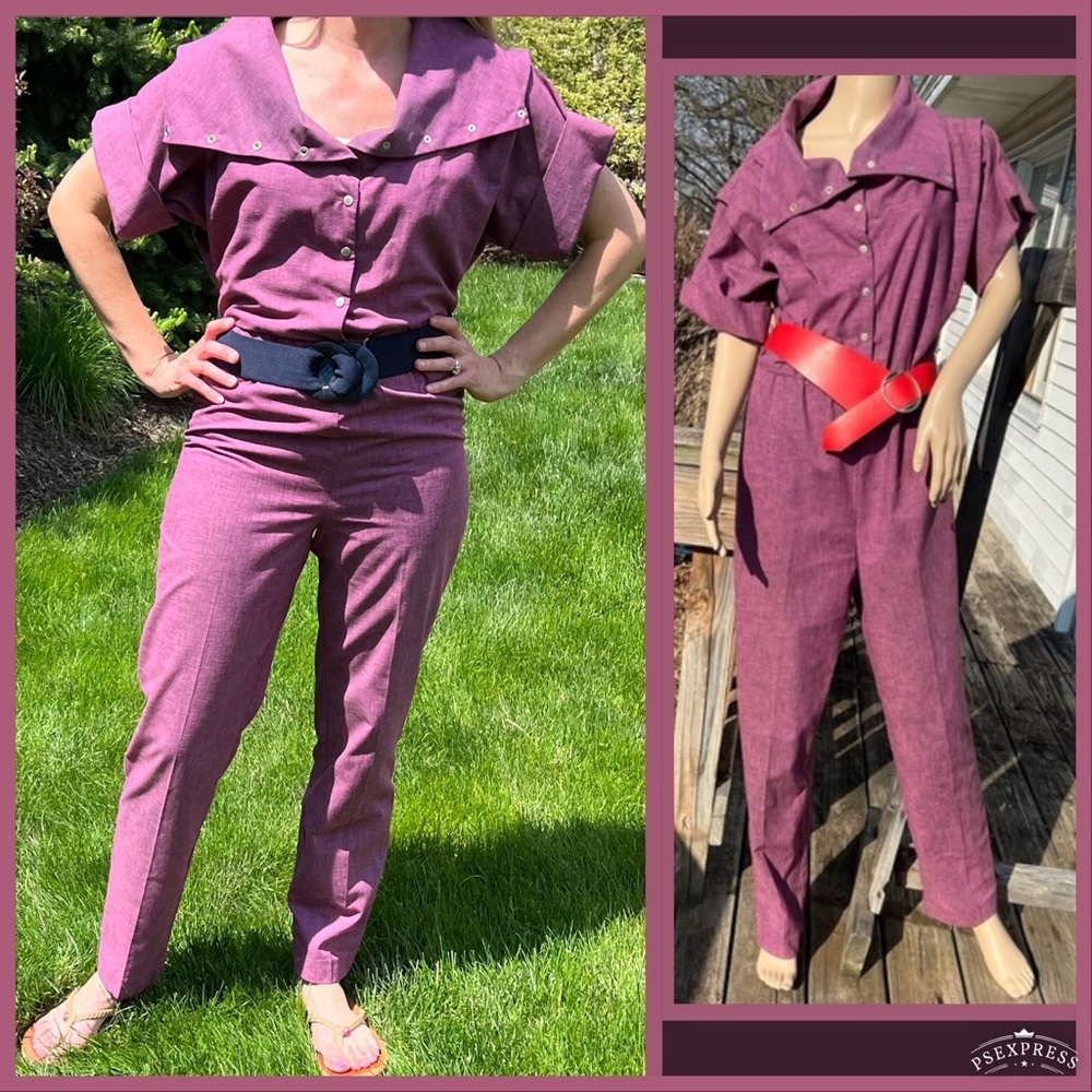- Vintage 70/80s Purple Mock Collar Jumpsuit! EUC!!